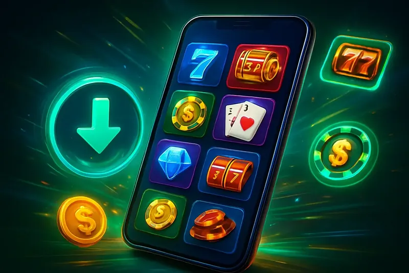 Glossy smartphone casino app banner with neon download icon and glowing tiles