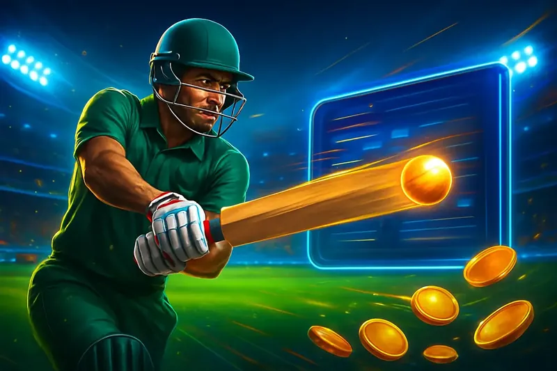 Cricket batter striking ball under stadium lights in dynamic sportsbook banner