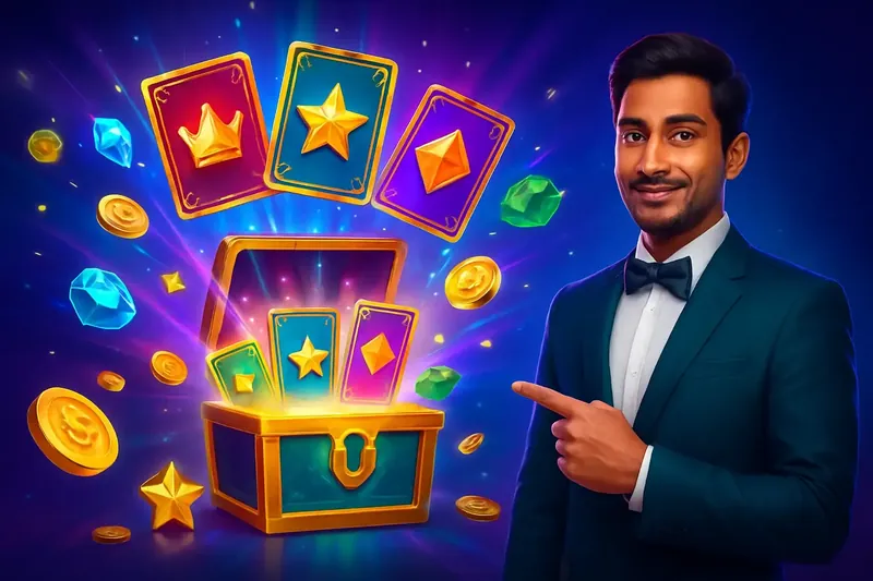 Glowing reward chest with cards, coins, gems, and stars bursting out