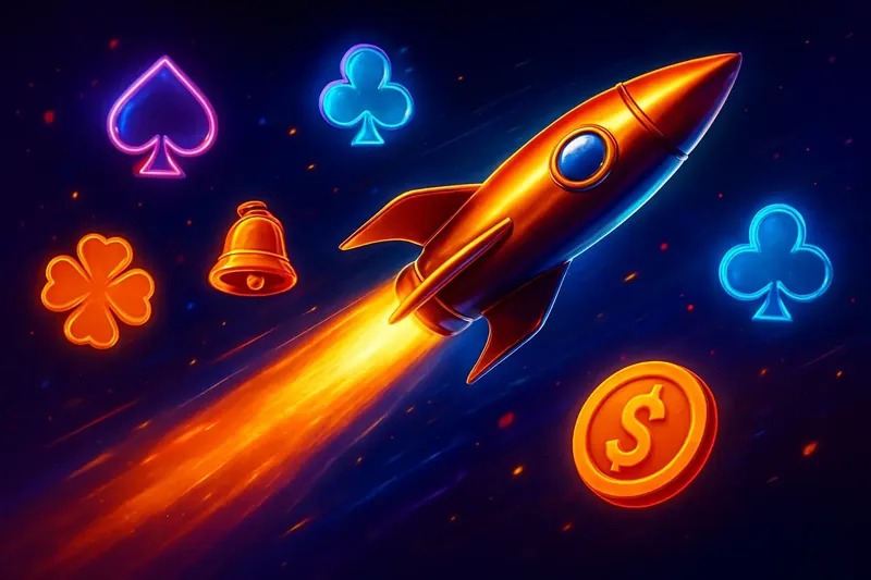 Glossy 3D rocket launch casino banner with neon speed trails