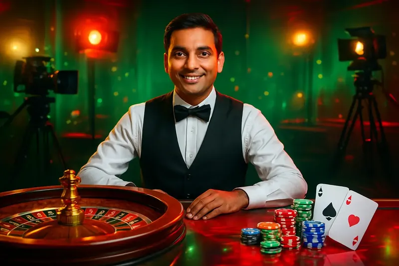 Friendly professional live dealer with roulette, cards, chips, and studio lights
