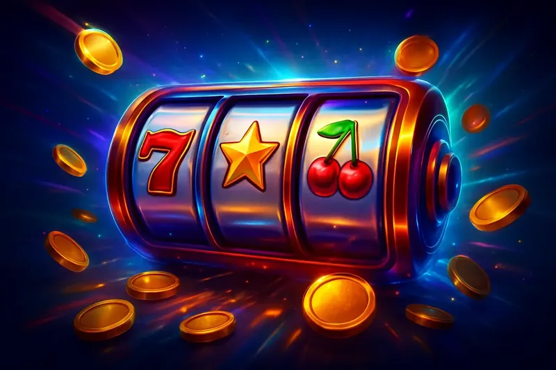Colorful spinning slot machine with coins, sparkles, and neon casino glow